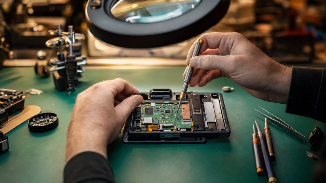Hände reparieren ein geöffnetes Elektronikgerät mit Präzisionswerkzeug