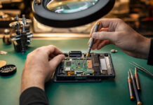 Recht auf Reparatur 2026: Praxischeck für Hardware-Startups Hände reparieren ein geöffnetes Elektronikgerät mit Präzisionswerkzeug