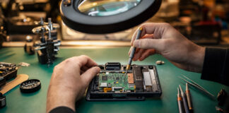 Hände reparieren ein geöffnetes Elektronikgerät mit Präzisionswerkzeug