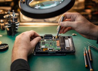 Hände reparieren ein geöffnetes Elektronikgerät mit Präzisionswerkzeug