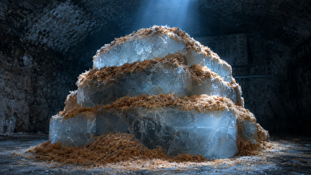 Rückstellungen bilden: Wann und wie Unternehmen vorsorgen Dicht gestapelte Eisblöcke liegen unter einer Schicht Sägemehl auf einem kühlen Steinboden, kaltes blaues Licht fällt von einer Luke auf die oberste Lage