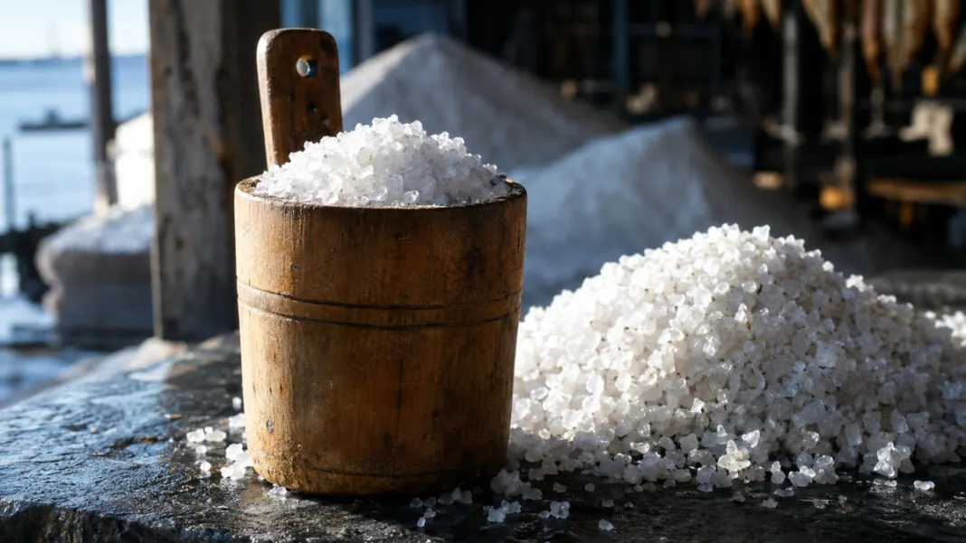 Ein voller Holzmessbecher mit Salz steht abgetrennt neben einem offenen Salzhaufen