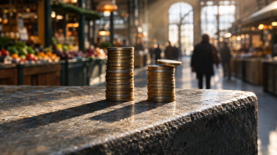Zwei Stapel Münzen stehen auf einer kalten Steinbank, der linke hoch und gleichmäßig, der rechte wächst gerade um eine weitere Lage, schräges Morgenlicht wirft lange Schatten über den Stein