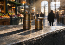 Säumniszuschlag: Was das Finanzamt bei verspäteter Zahlung verlangt Zwei Stapel Münzen stehen auf einer kalten Steinbank, der linke hoch und gleichmäßig, der rechte wächst gerade um eine weitere Lage, schräges Morgenlicht wirft lange Schatten über den Stein