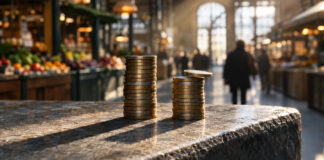 Zwei Stapel Münzen stehen auf einer kalten Steinbank, der linke hoch und gleichmäßig, der rechte wächst gerade um eine weitere Lage, schräges Morgenlicht wirft lange Schatten über den Stein