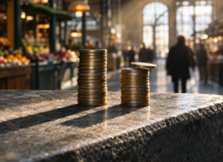 Zwei Stapel Münzen stehen auf einer kalten Steinbank, der linke hoch und gleichmäßig, der rechte wächst gerade um eine weitere Lage, schräges Morgenlicht wirft lange Schatten über den Stein