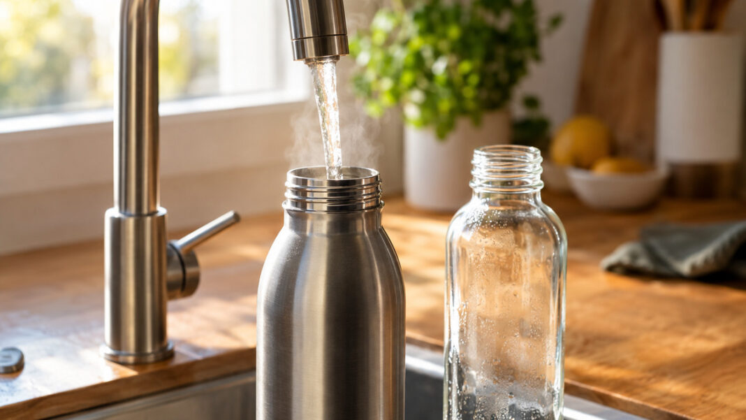Wasser läuft aus einem Küchenhahn in eine Edelstahl-Trinkflasche, daneben eine Glasflasche