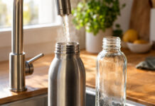 Wasser läuft aus einem Küchenhahn in eine Edelstahl-Trinkflasche, daneben eine Glasflasche