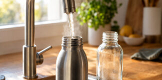 Wasser läuft aus einem Küchenhahn in eine Edelstahl-Trinkflasche, daneben eine Glasflasche