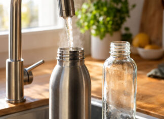 Wasser läuft aus einem Küchenhahn in eine Edelstahl-Trinkflasche, daneben eine Glasflasche