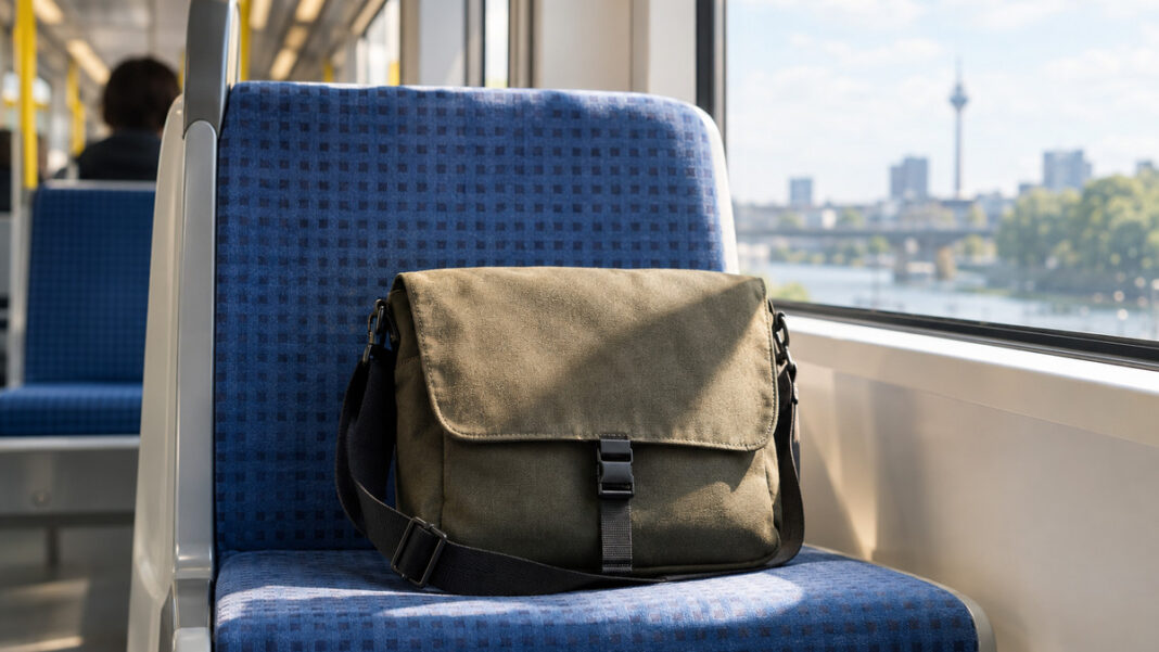 Sauberkugel bei der Höhle der Löwen: der Krümelfänger für die Handtasche Umhängetasche auf einer Sitzbank in einem hellen Nahverkehrswaggon
