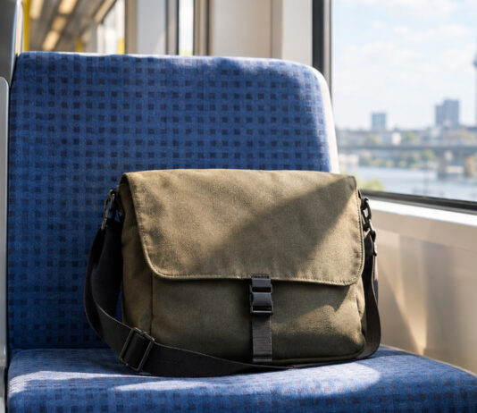 Umhängetasche auf einer Sitzbank in einem hellen Nahverkehrswaggon