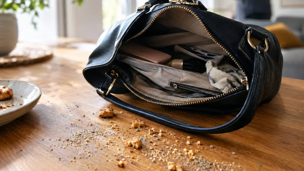 Geöffnete Handtasche auf einem Holztisch mit verstreuten Krümeln daneben