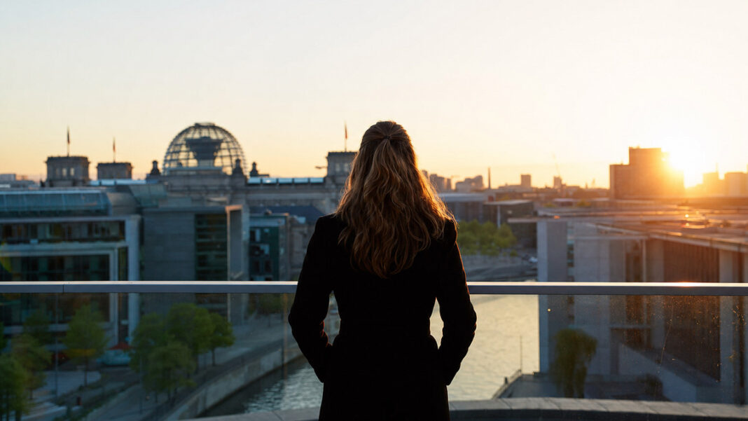 Gründerin blickt bei Sonnenaufgang auf die Reichstagskuppel in Berlin
