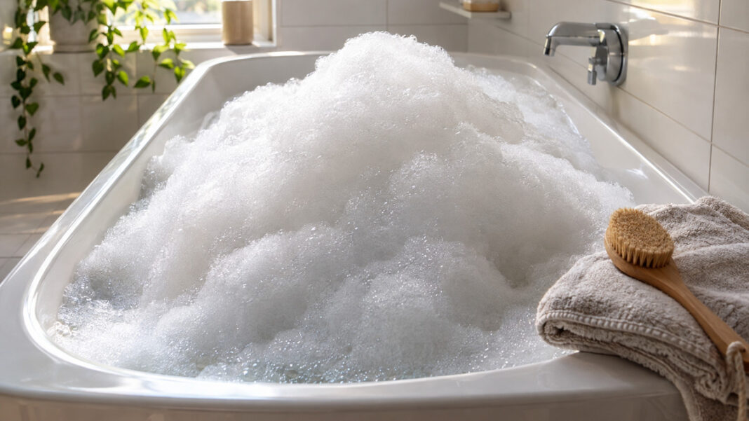 Ein hoher Schaumberg in einer hellen Badewanne, daneben ein gefaltetes Handtuch