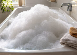 Ein hoher Schaumberg in einer hellen Badewanne, daneben ein gefaltetes Handtuch
