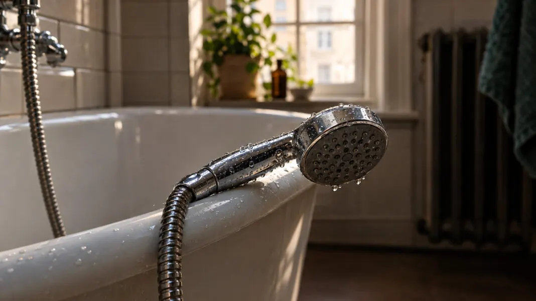 Eine Handbrause am Duschschlauch über dem Rand einer leeren Badewanne