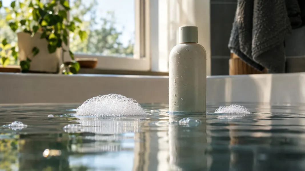 Wenige Schaumblasen auf ruhigem Badewasser neben einer schlichten Flasche