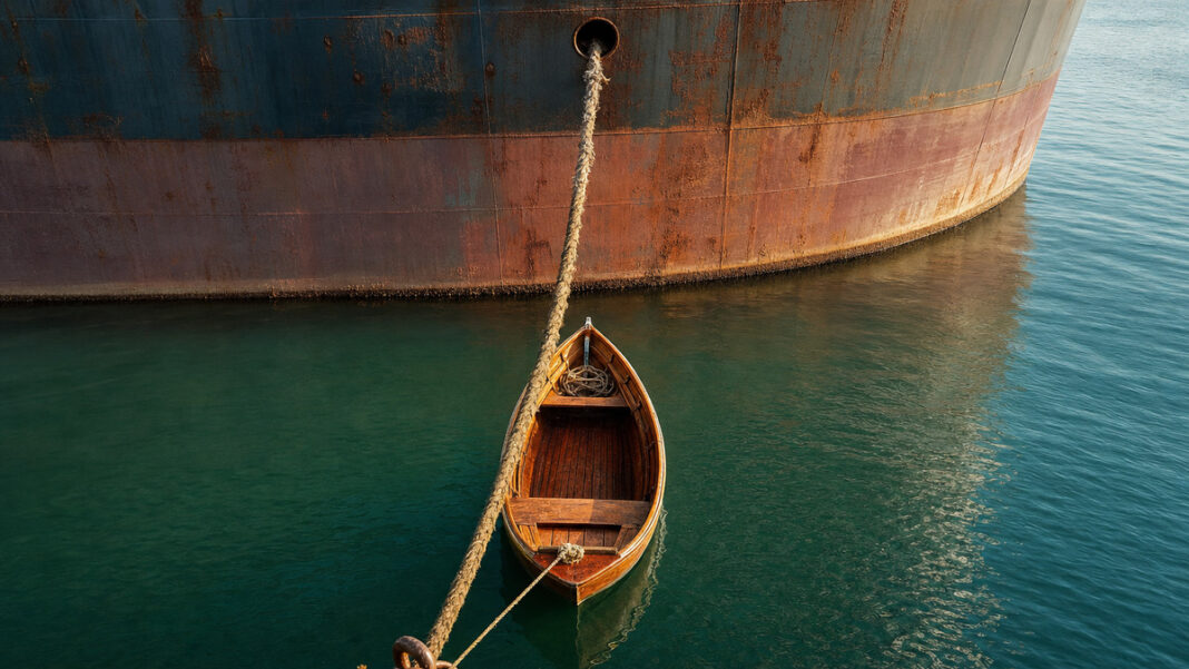 Ein kleines Holzruderboot liegt an einer dicken nassen Trosse am Rumpf eines großen Stahlfrachters, Morgenlicht auf lackiertem Holz und rostigem Stahl