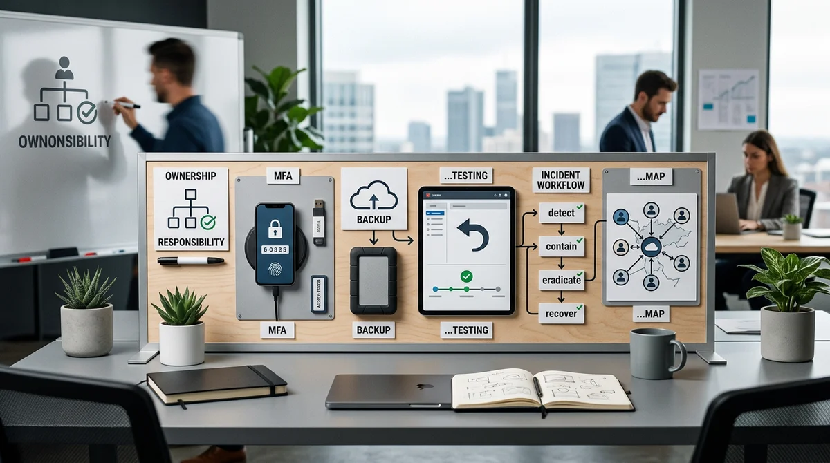 security-minimal-setup Übersicht des Security-Minimal-Setups für Startups mit MFA, Backup und Incident-Workflow