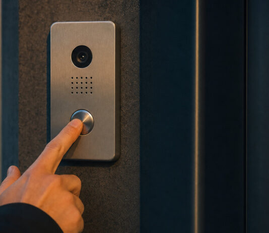 Finger drückt den Knopf einer Edelstahl-Gegensprechanlage an einer Eingangstür