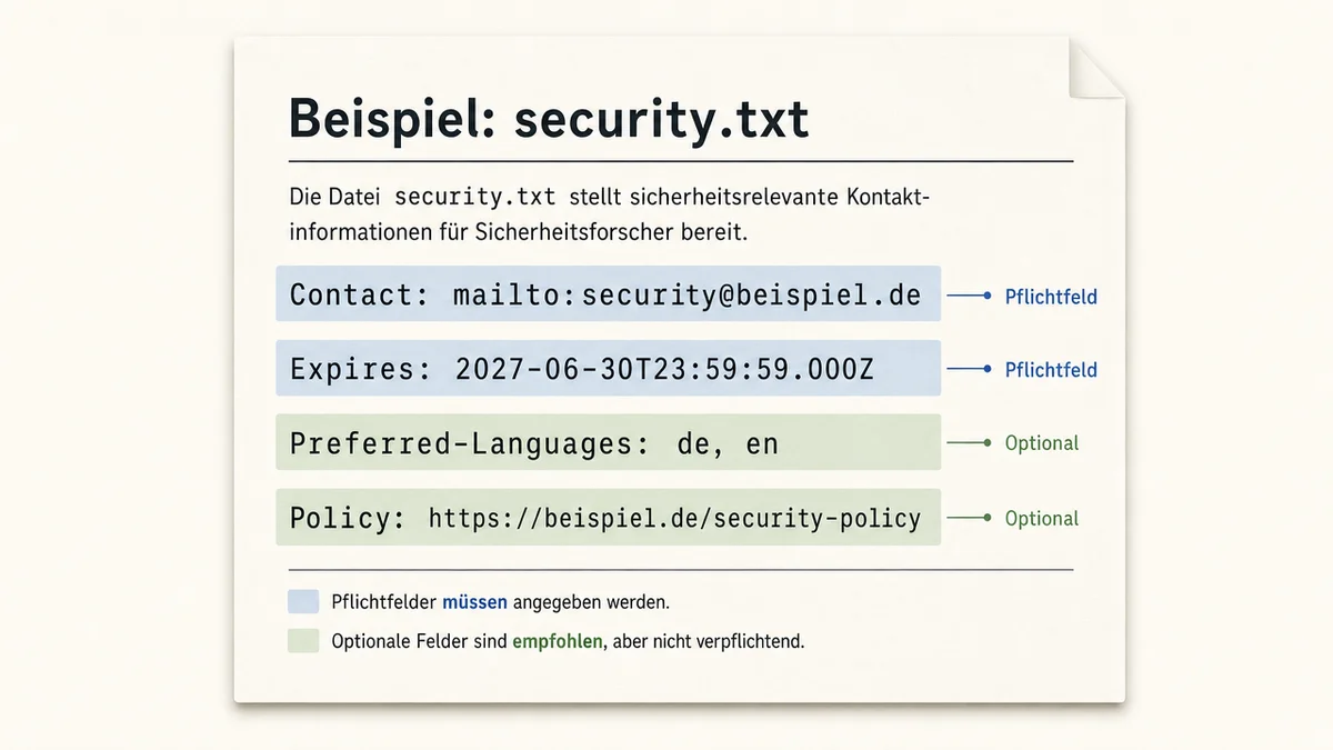 security-txt-musterdatei Muster einer security.txt mit den Feldern Contact, Expires, Preferred-Languages und Policy.