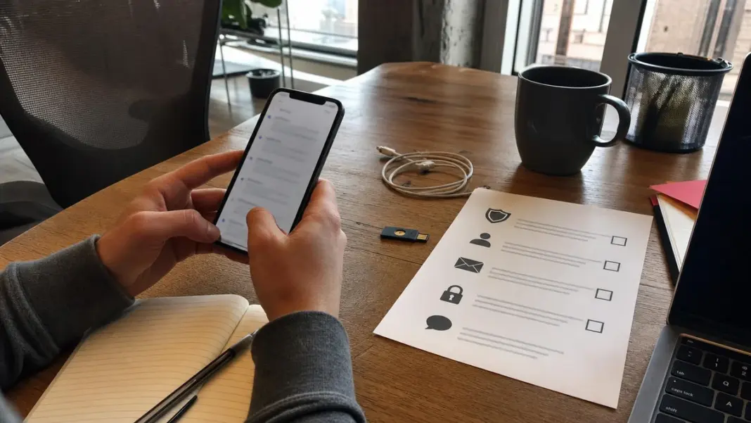 security-txt-sicherheitskontakt Hände richten an einem Arbeitsplatz einen Sicherheitskontakt für die security.txt ein.