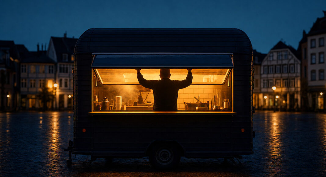Foodtruck in der blauen Stunde, die Serviceklappe wird von innen geöffnet