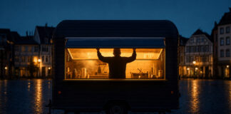 Foodtruck in der blauen Stunde, die Serviceklappe wird von innen geöffnet