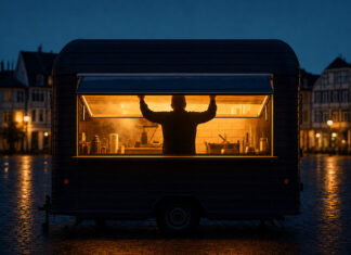 Foodtruck in der blauen Stunde, die Serviceklappe wird von innen geöffnet