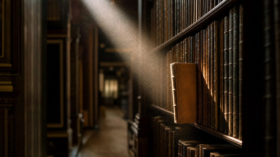 Sonnenstrahl fällt in einer alten Bibliothek auf ein einzelnes Buch