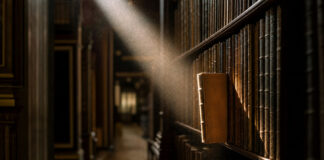 Sonnenstrahl fällt in einer alten Bibliothek auf ein einzelnes Buch