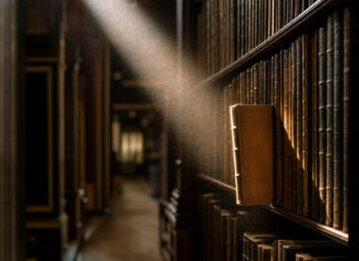 Sonnenstrahl fällt in einer alten Bibliothek auf ein einzelnes Buch