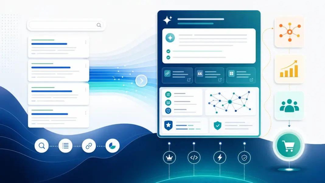 seo-ai-overviews-startups Abstrakte Visualisierung von SEO für AI Overviews mit Suchergebnissen und KI-Antworten