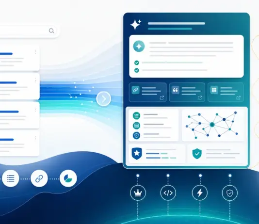 Abstrakte Visualisierung von SEO für AI Overviews mit Suchergebnissen und KI-Antworten