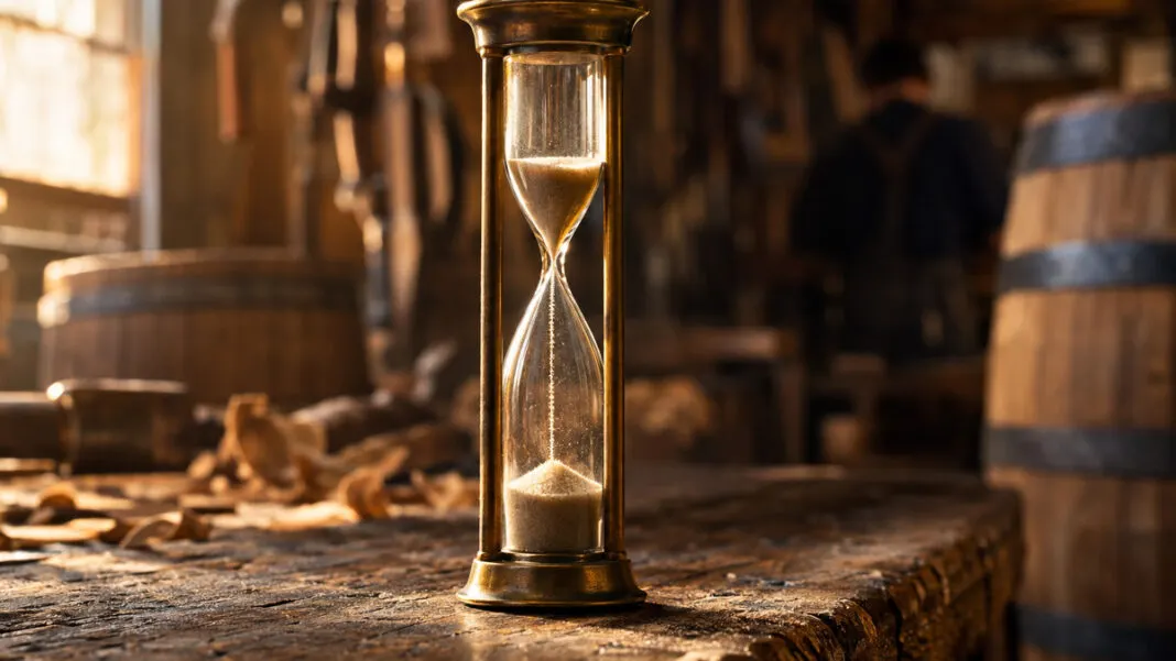 Messing-Sanduhr auf einer Eichenplatte, der Sand rinnt in einem dünnen Faden nach unten