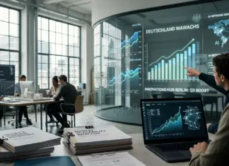 Modernes Startup-Office mit Wachstumsdiagrammen zum Startup-Boom Deutschland 2026