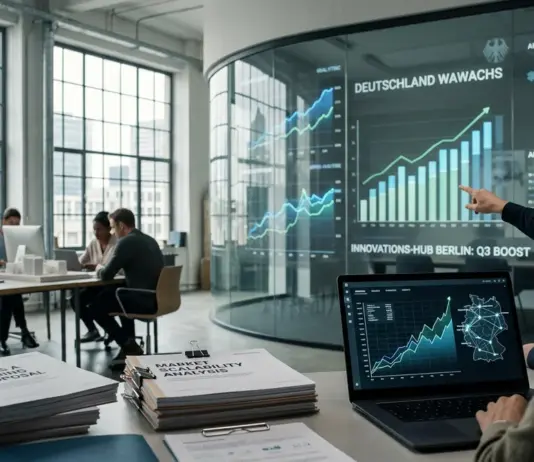 Modernes Startup-Office mit Wachstumsdiagrammen zum Startup-Boom Deutschland 2026
