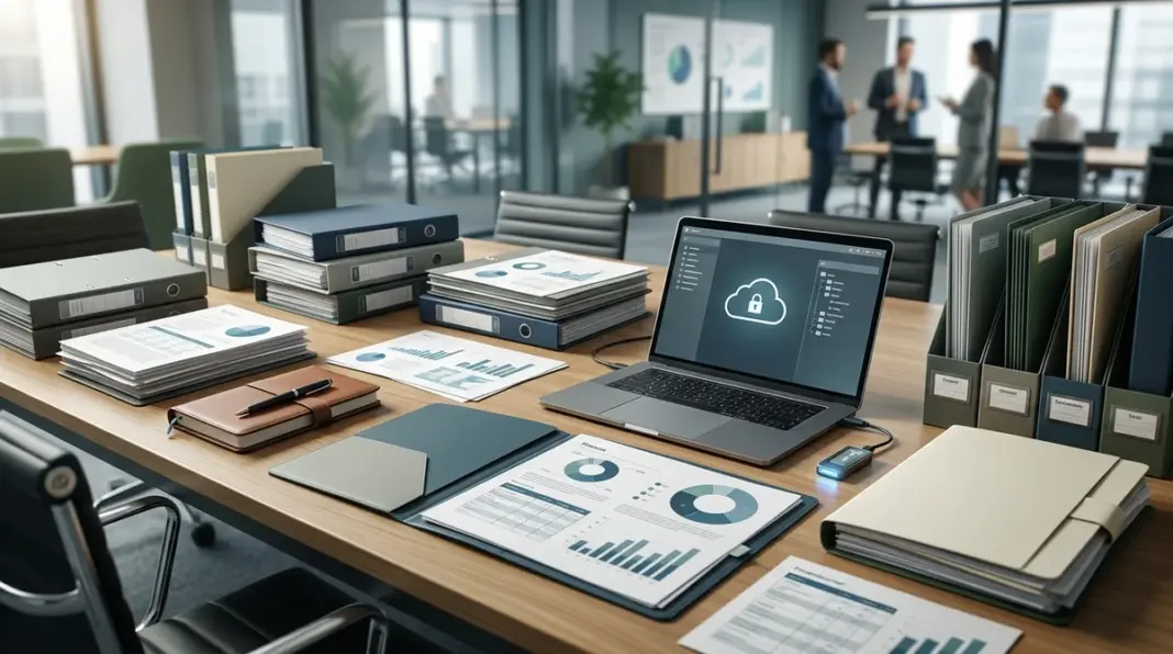 Strukturierter Startup Datenraum mit Verträgen, Finanzunterlagen und Due-Diligence-Dokumenten