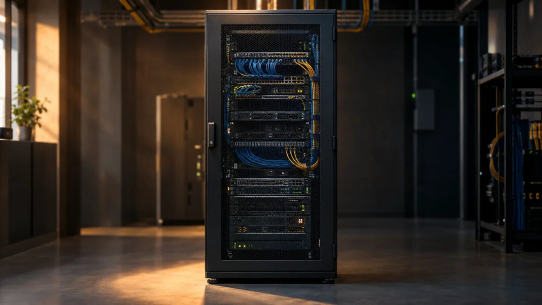 Startup-Tech-Stack-Kontrolle Verschlossener Serverschrank mit geordneten Kabeln in einem kleinen Technikraum