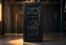Startup Tech-Stack 2026: Wann US-Tools zum Risiko werden – und wie du Alternativen prüfst Verschlossener Serverschrank mit geordneten Kabeln in einem kleinen Technikraum