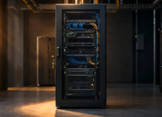 Verschlossener Serverschrank mit geordneten Kabeln in einem kleinen Technikraum
