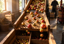 Statusfeststellungsverfahren: So klären Selbstständige ihren Status verbindlich Eine hölzerne Sortierrutsche, Äpfel rollen über eine Lochplatte, die kleinen fallen hindurch, die großen laufen weiter, warmes Morgenlicht von der Seite
