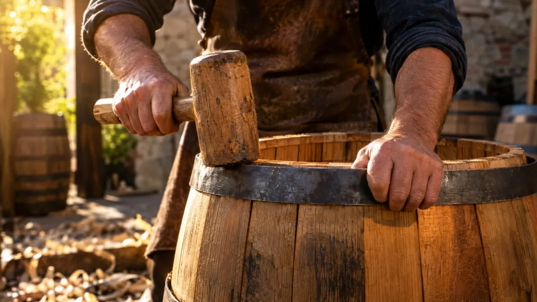 Hände treiben mit einem Holzhammer einen eisernen Reifen über die Dauben eines Fasses