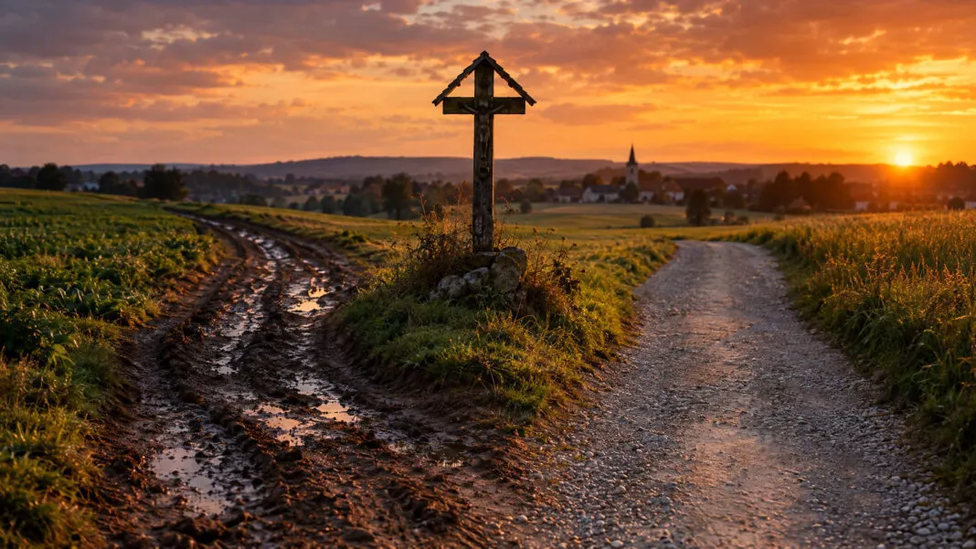 Ein Feldweg gabelt sich hinter einem Wegkreuz in eine ausgefahrene und eine geschotterte Spur
