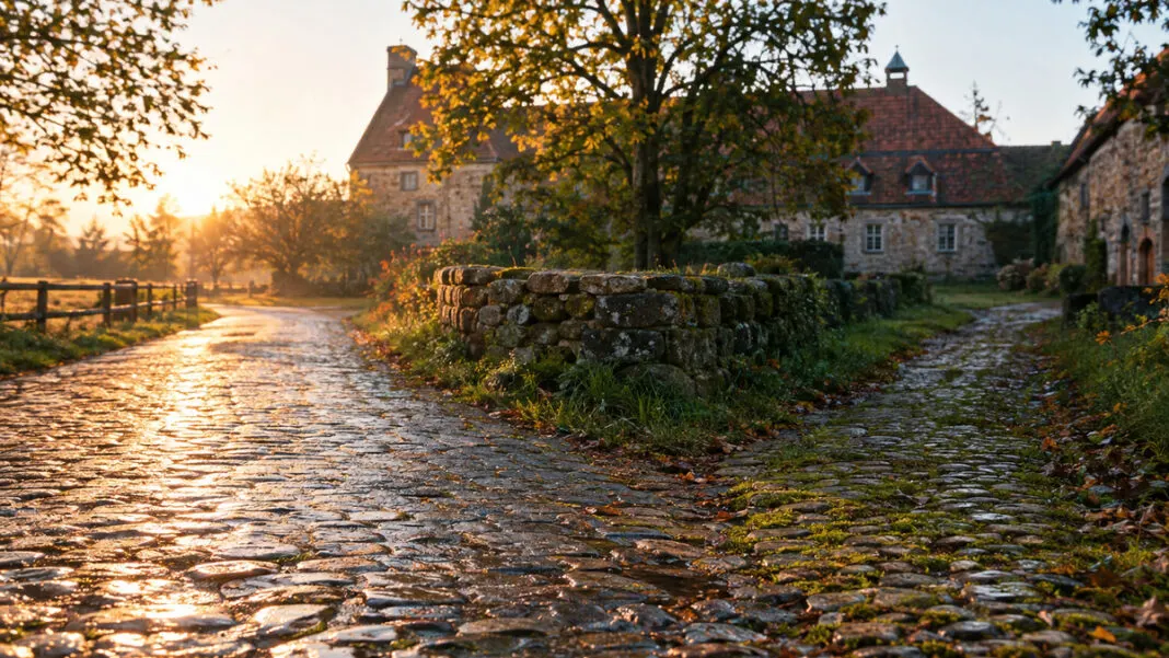 Zwei gepflasterte Wege gabeln sich vor einer niedrigen Feldsteinmauer