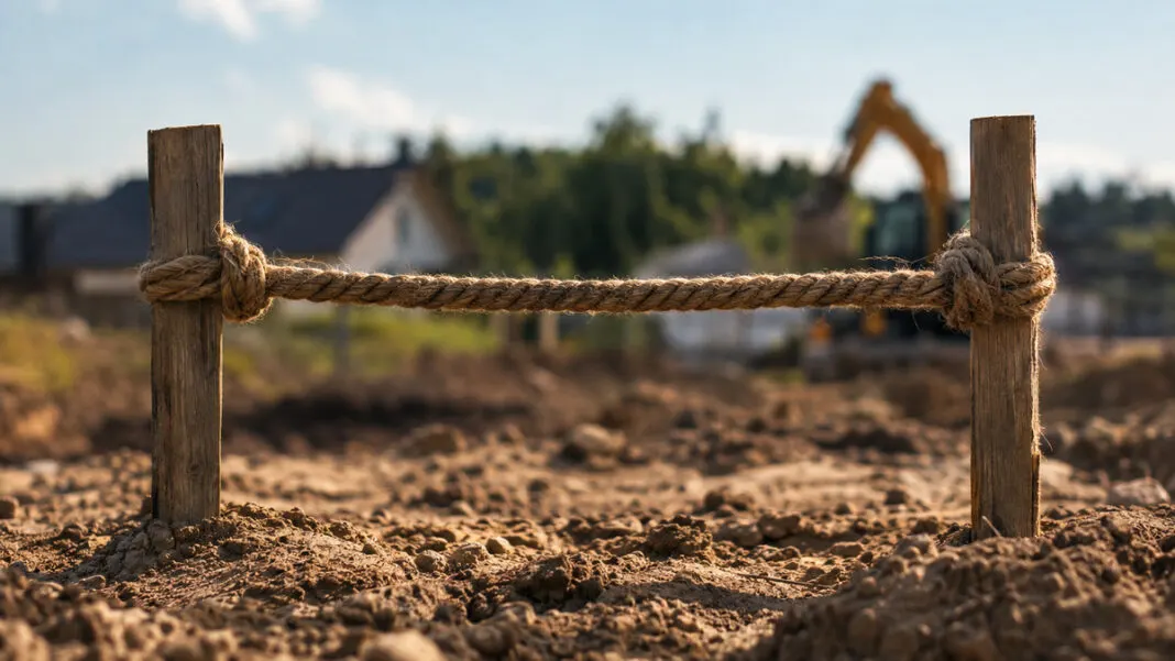 Gespanntes Hanfseil zwischen zwei Holzpflöcken, zwei Knoten grenzen einen Abschnitt ab
