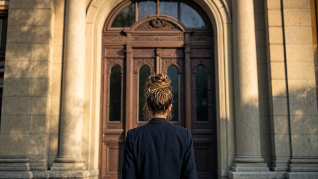 Gründerin vor dem Sandsteinportal eines historischen Amtsgebäudes Gründerin vor dem Sandsteinportal eines historischen Amtsgebäudes