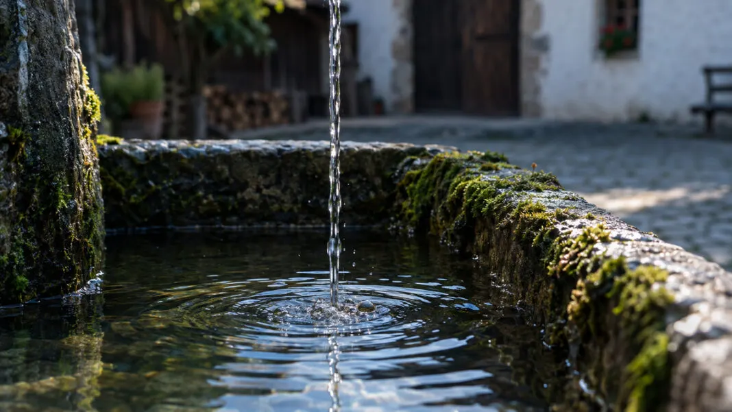 Dünner Wasserstrahl fällt in einen halb gefüllten steinernen Brunnentrog