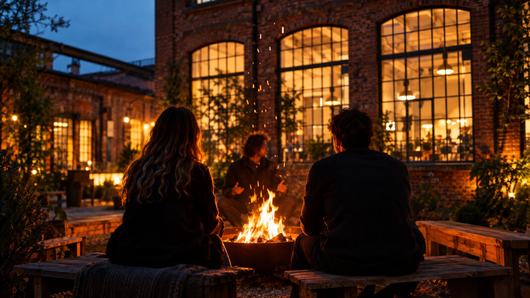 Drei Menschen sitzen abends an einem Lagerfeuer im Innenhof eines alten Backstein-Fabrikgebäudes, einer erzählt, zwei hören von hinten gesehen zu